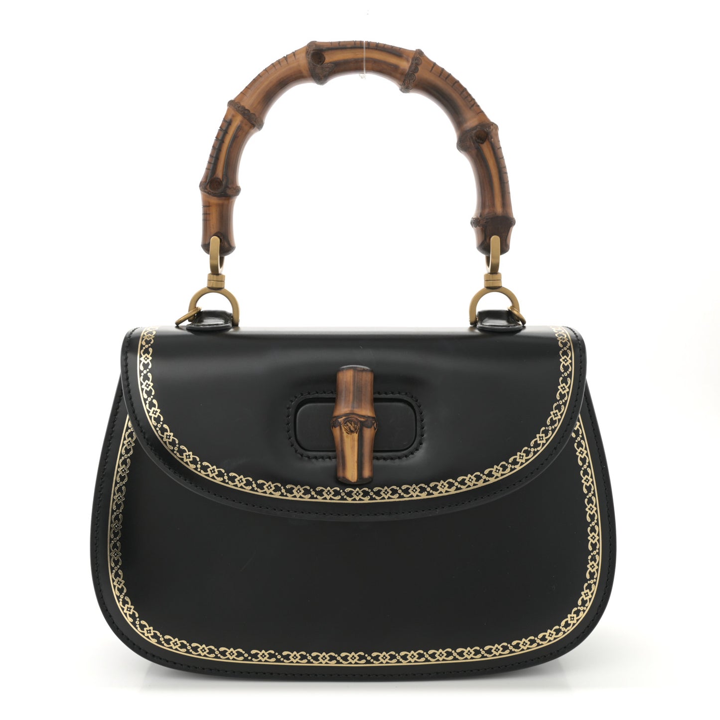 Calfskin Frame Print Bamboo Top Handle Bag Black