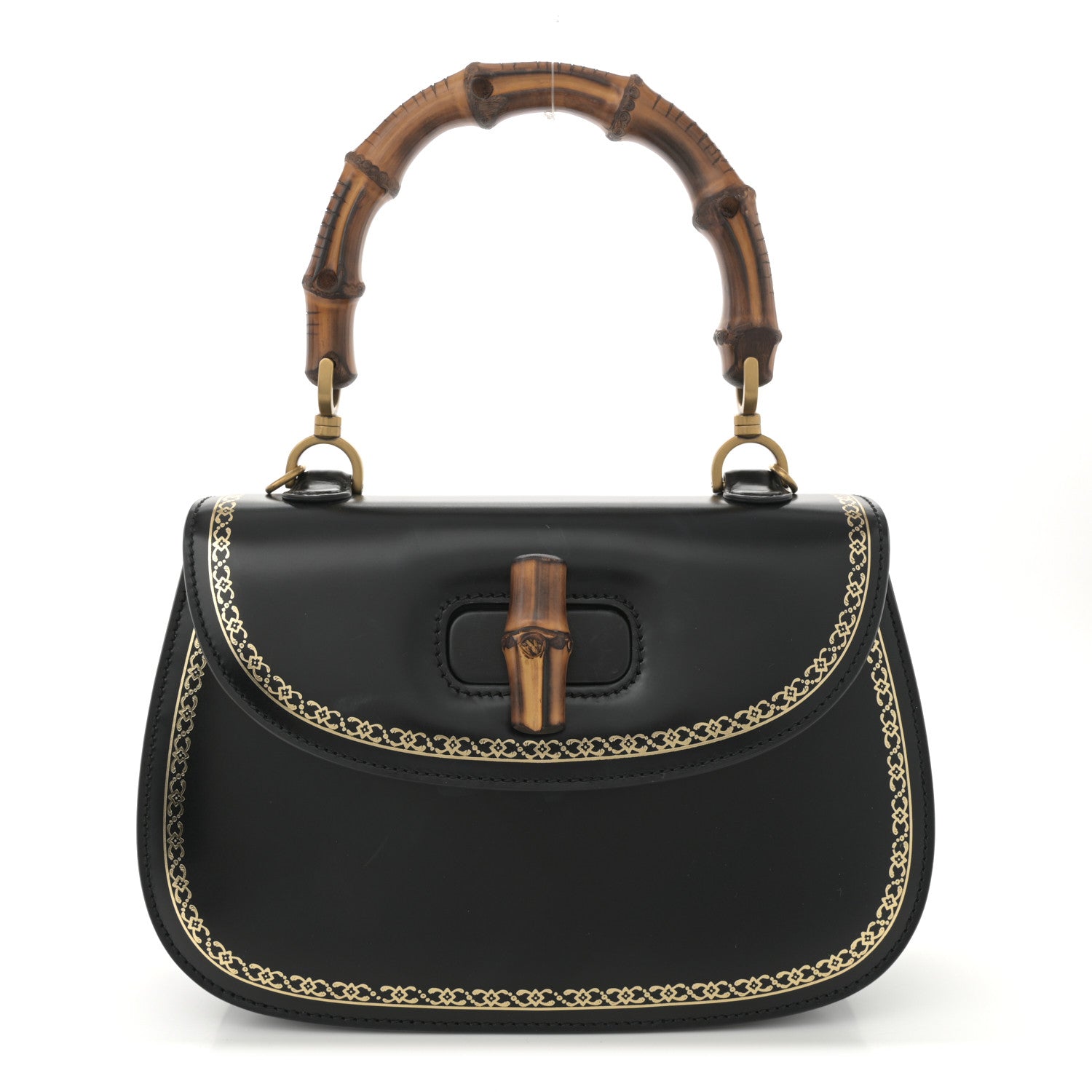 Gucci Calfskin Frame Print Bamboo Top Handle Bag Black 1 of 12