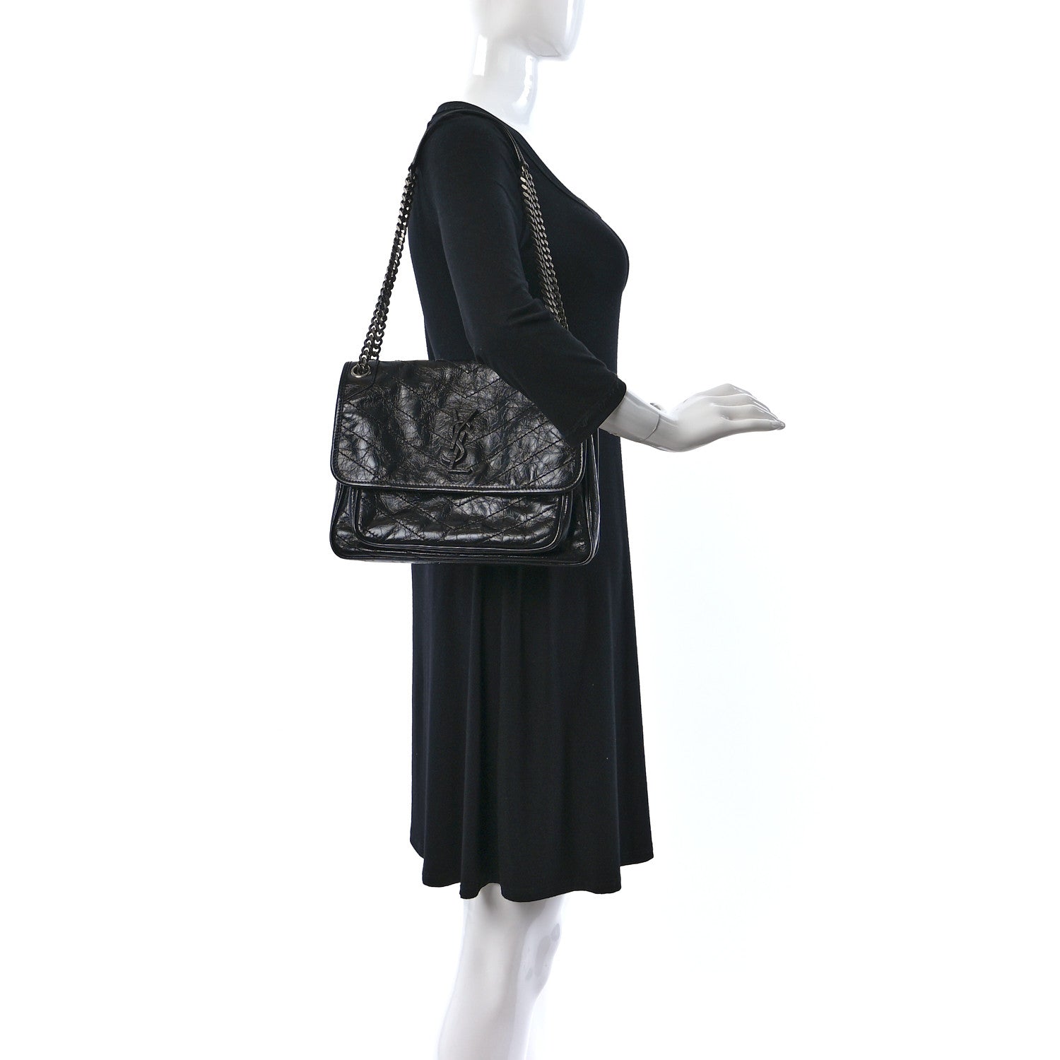 Saint Laurent Crinkled Calfskin Matelasse Monogram Medium Niki Chain Satchel Black 2 of 8