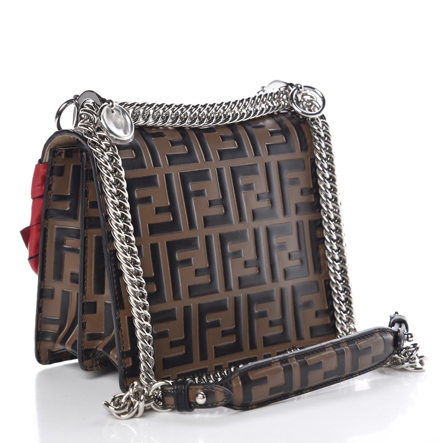 Vitello Shiny Nappa Bi-Color FF 1974 Lace Up Bow Embossed Small Kan I Shoulder Bag Maya Black Fragola