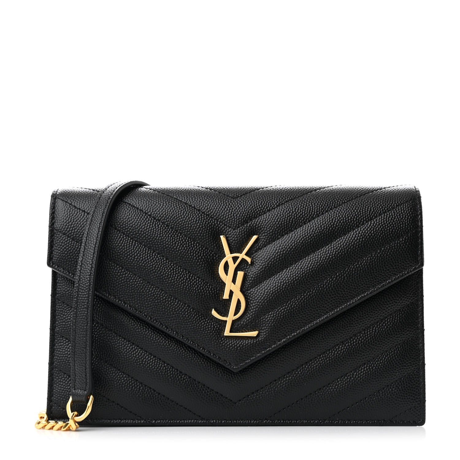 Saint Laurent Grain De Poudre Matelasse Chevron Monogram Envelope Chain Wallet Black 1 of 11