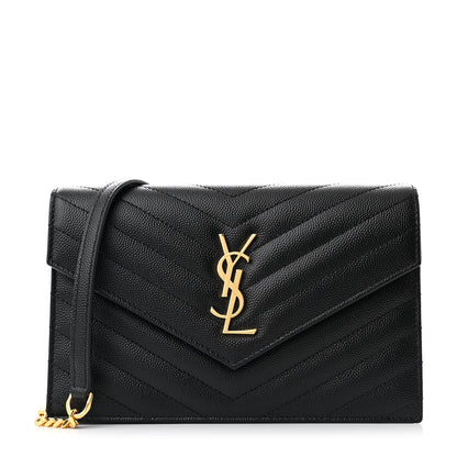 Saint Laurent Grain De Poudre Matelasse Chevron Monogram Envelope Chain Wallet Black 1 of 11