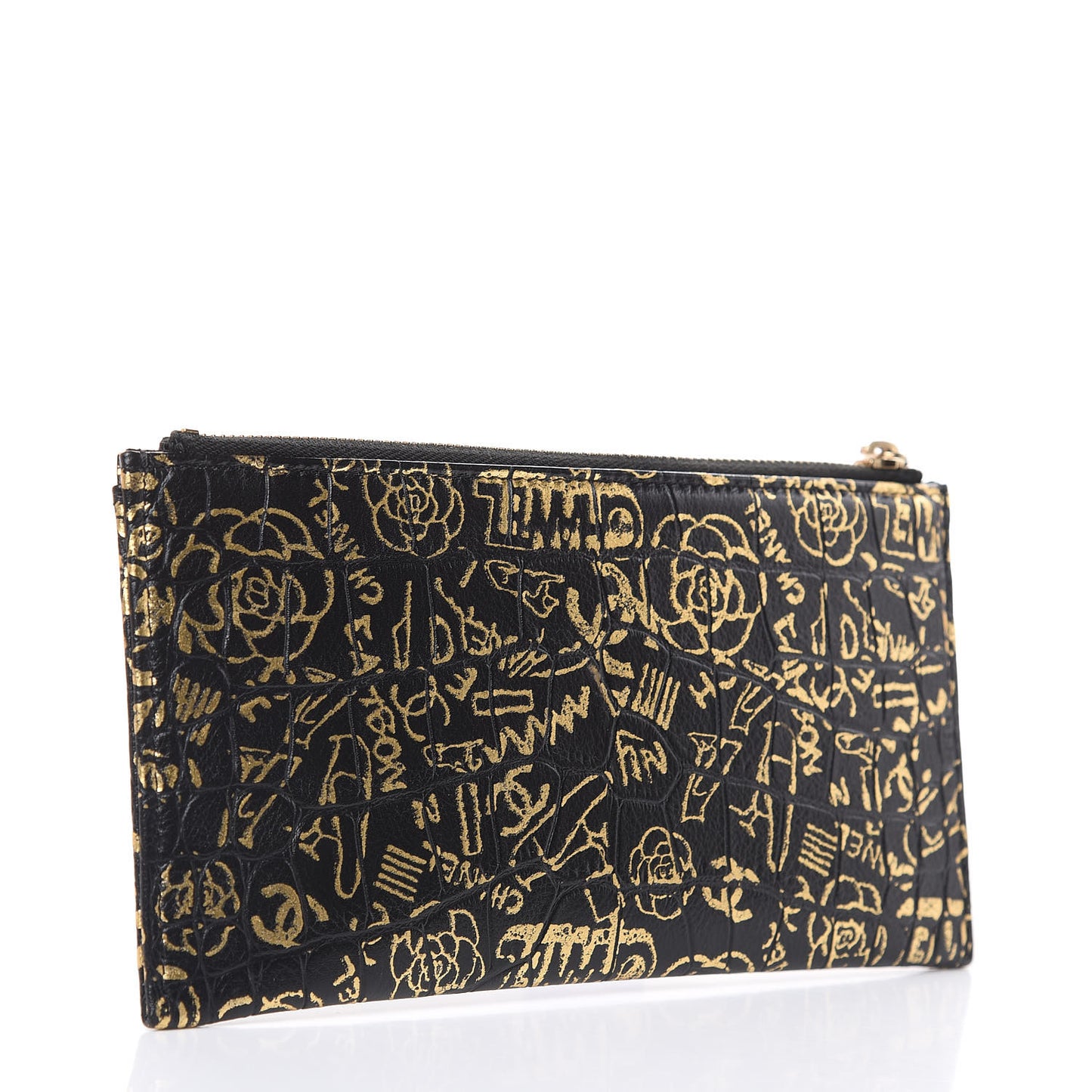 Calfskin Crocodile Embossed Graffiti 2.55 Cocodile Reissue Zip Pouch Black Gold