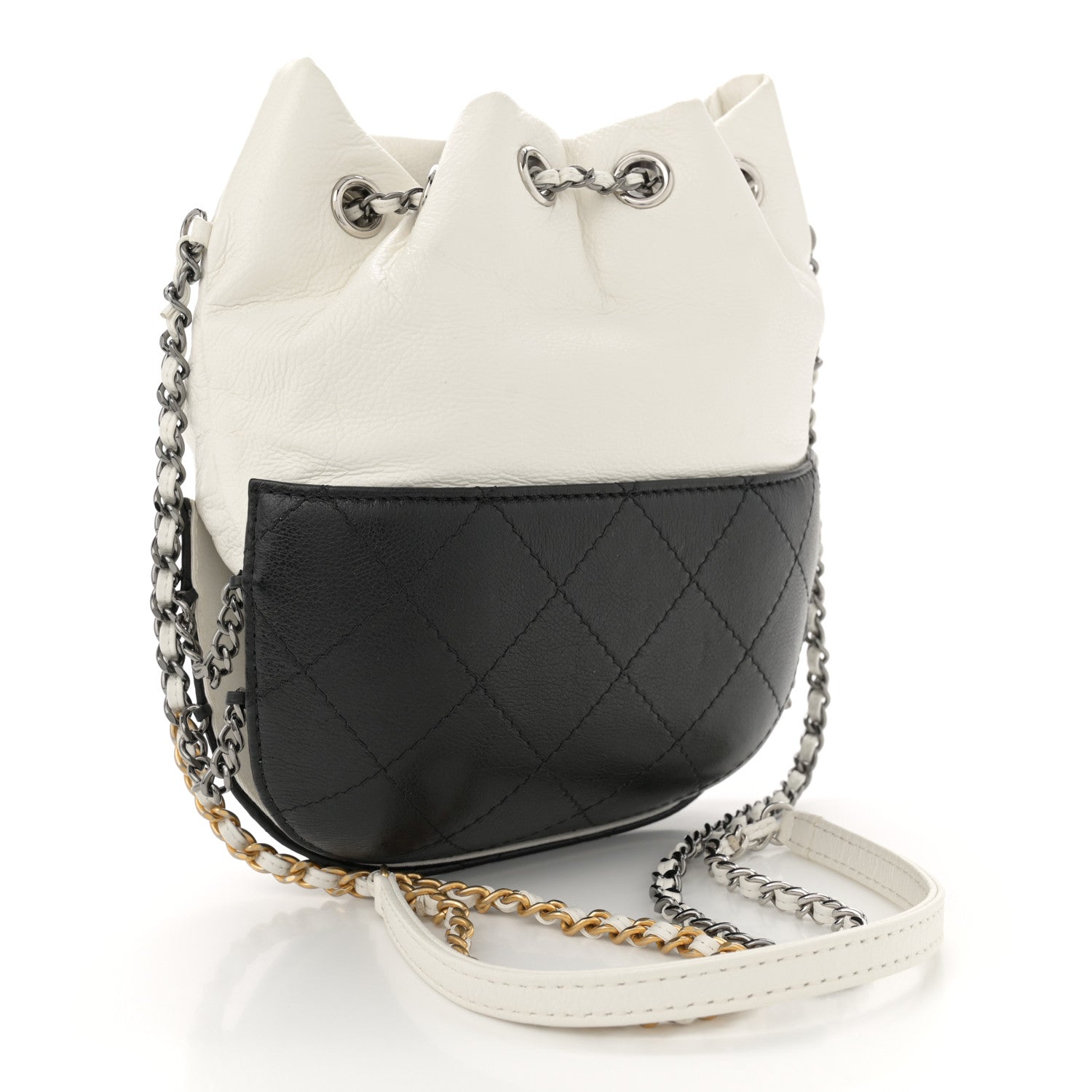 Chanel Aged Calfskin Quilted Small Gabrielle Bucket White Black 3 of 10