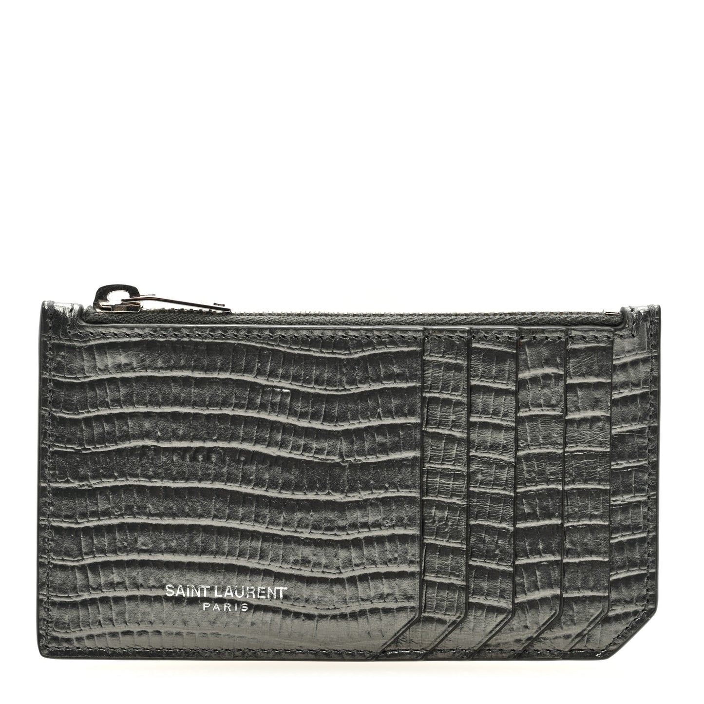 Calfskin Lizard Embossed 5 Fragments Zip Pouch Card Holder Graphite