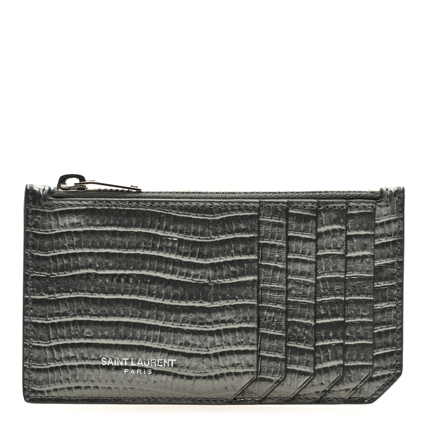 Saint Laurent Calfskin Lizard Embossed 5 Fragments Zip Pouch Card Holder Graphite 1 of 6