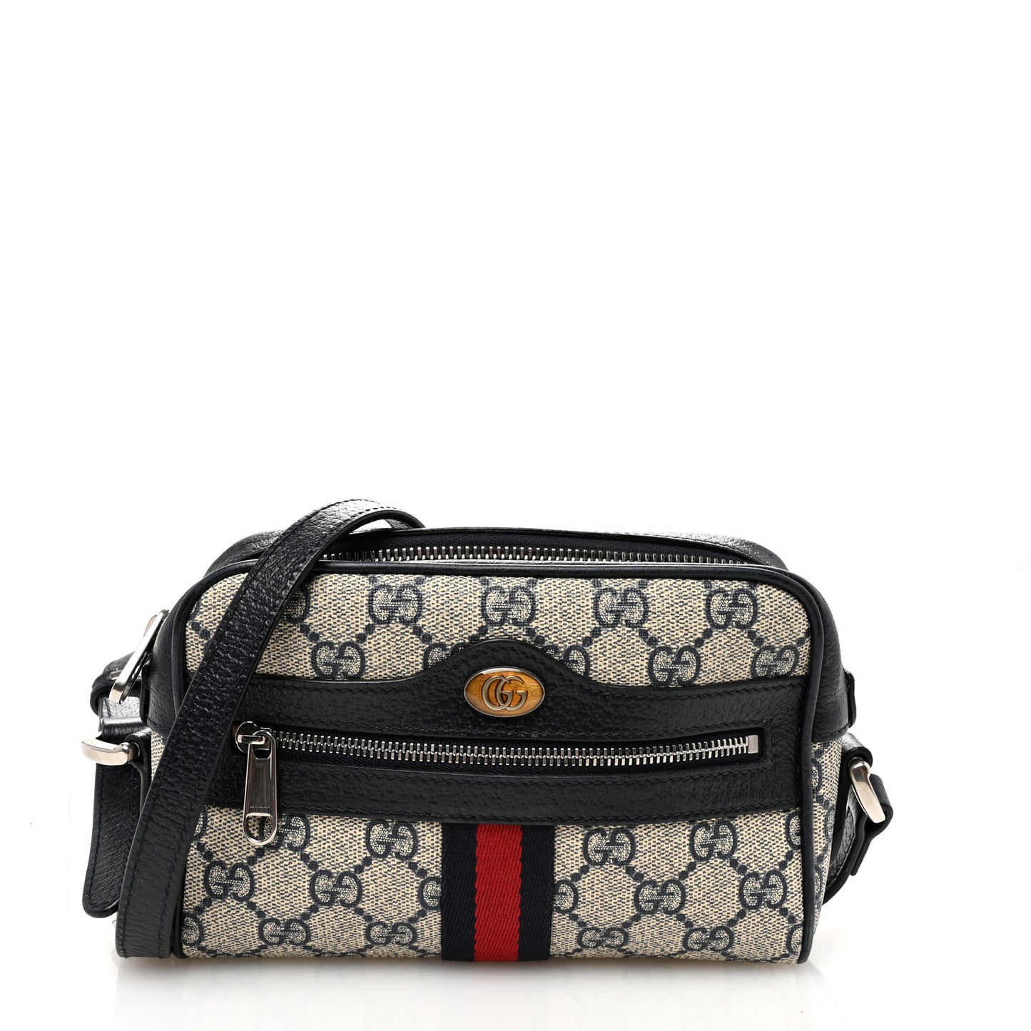 GG Supreme Monogram Textured Dollar Calfskin Web Mini Ophidia Shoulder Bag Beige Blue