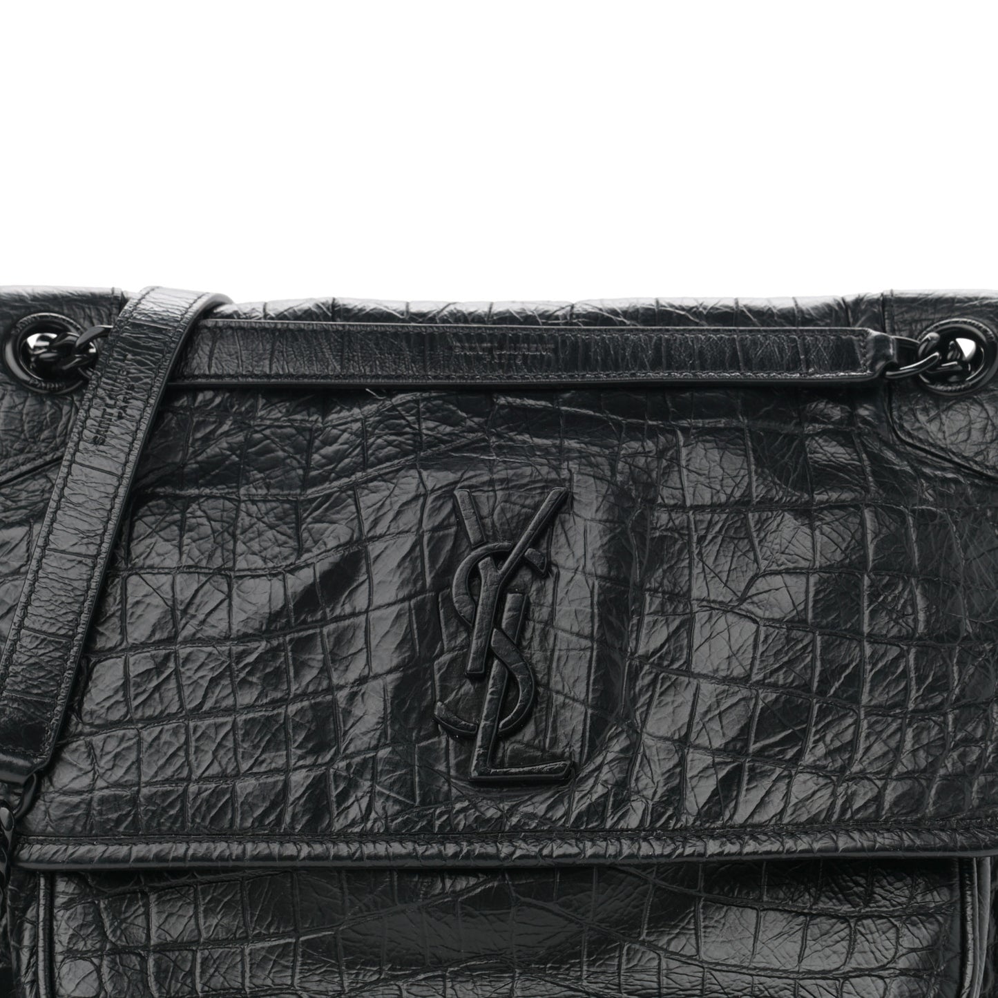 Crocodile Embossed Lambskin Monogram Medium Niki Chain Satchel Black