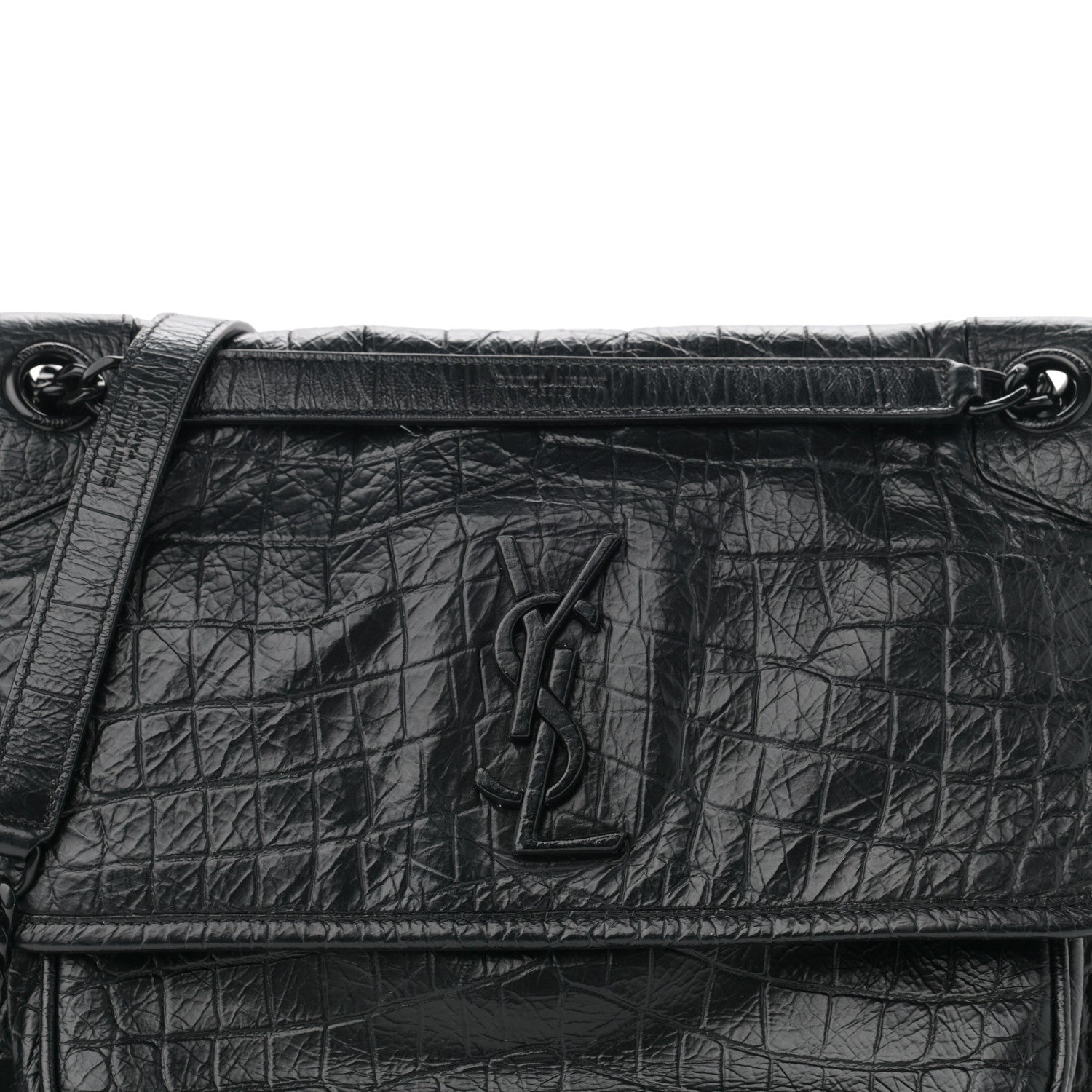 Saint Laurent Crocodile Embossed Lambskin Monogram Medium Niki Chain Satchel Black 9 of 11