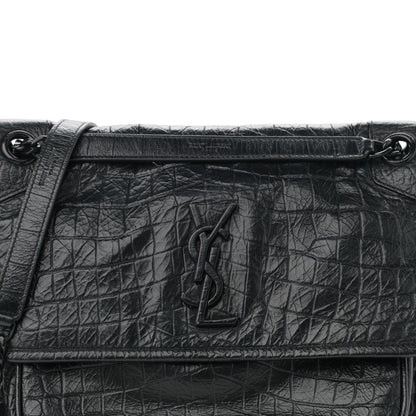 Saint Laurent Crocodile Embossed Lambskin Monogram Medium Niki Chain Satchel Black 9 of 11