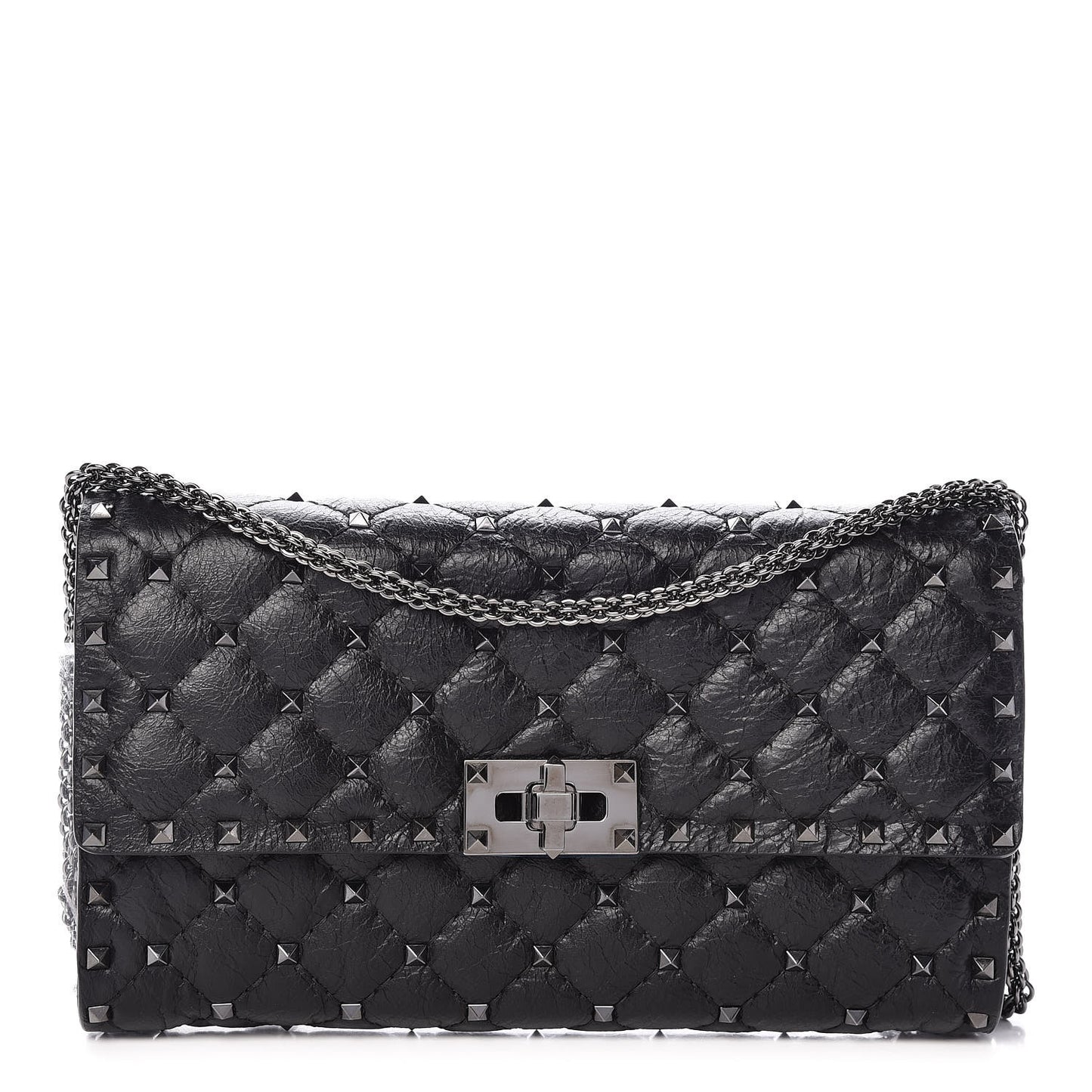 Craquele Nappa Rockstud Spike Wallet on Chain Black