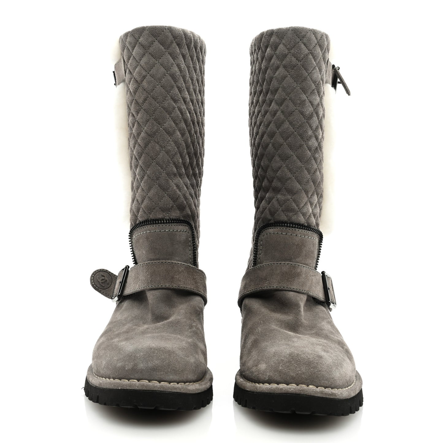 Shearling Suede Calfskin Quilted High Biker Boots 40 Grey