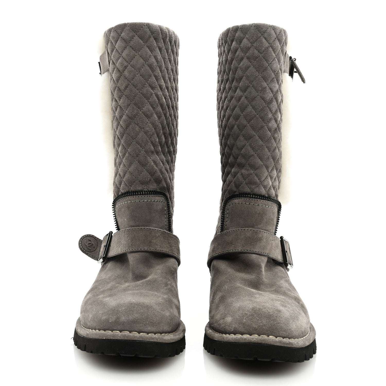 Chanel Shearling Suede Calfskin Quilted High Biker Boots 40 Grey 3 of 8