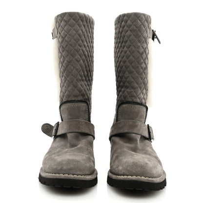 Chanel Shearling Suede Calfskin Quilted High Biker Boots 40 Grey 3 of 8