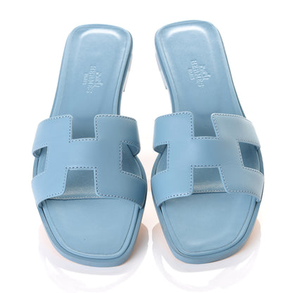 Hermes Calfskin Oran Sandals 37.5 Bleu Dorset 5 of 11