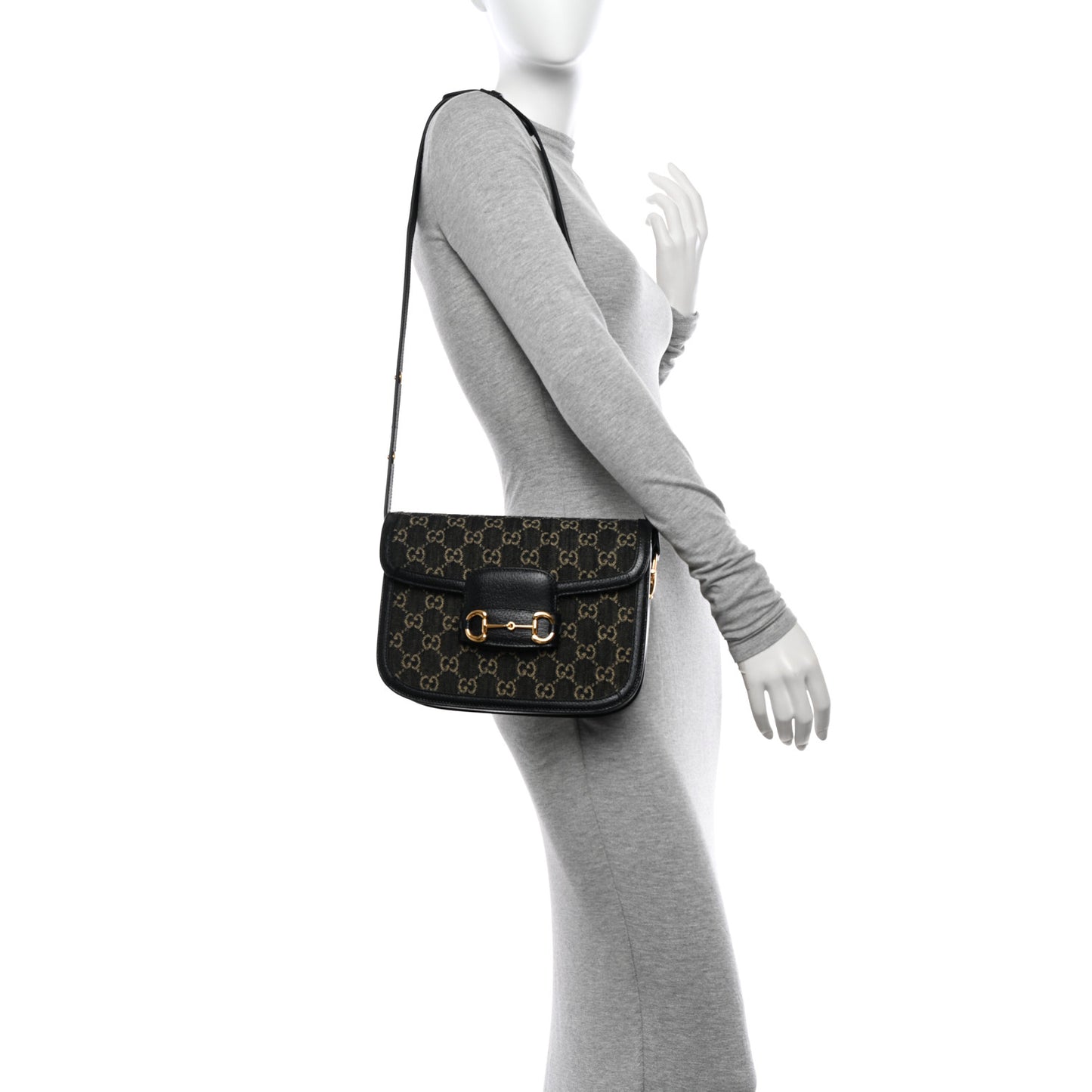 Jacquard Black Denim GG Monogram Textured Dollar Calfskin Horsebit 1955 Shoulder Bag Black Ivory