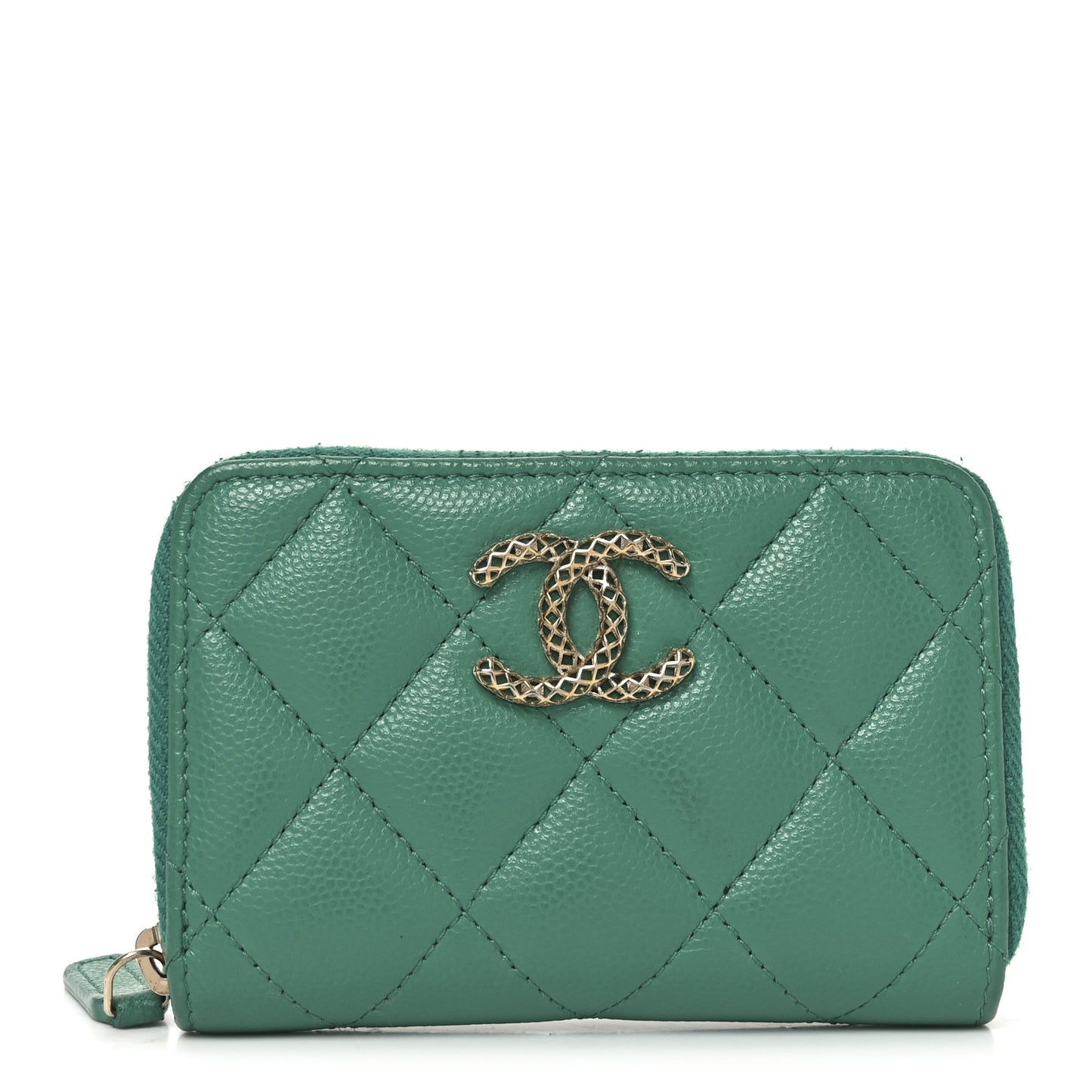 Caviar Quilted Perforated CC Zip Coin Purse Green