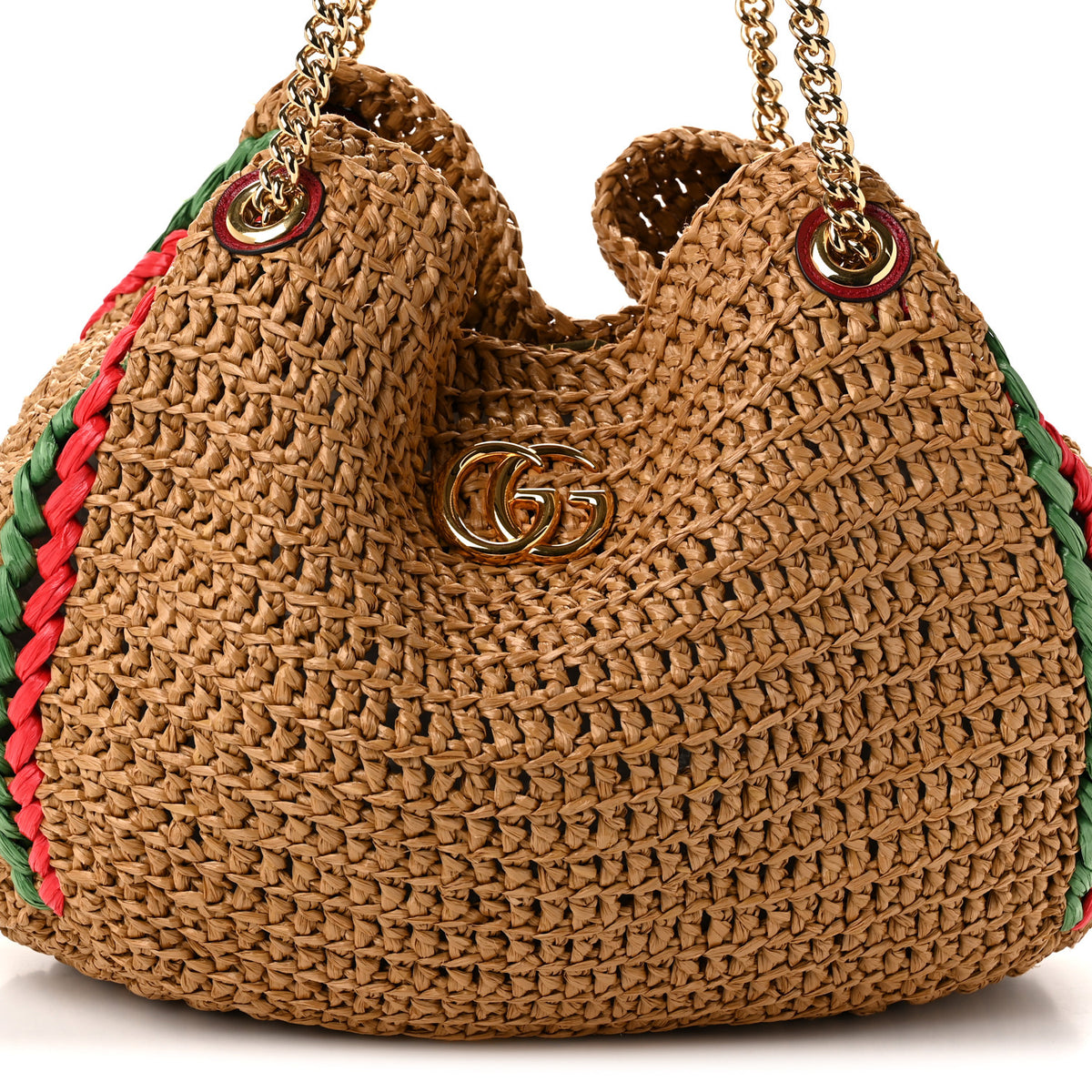 Raffia Effect Large GG Marmont Shoulder Tote Bag Natural Red Green