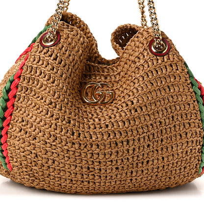 Gucci Raffia Effect Large GG Marmont Shoulder Tote Bag Natural Red Green 8 of 10