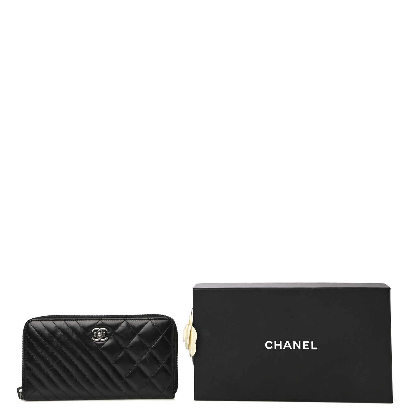 Glazed Calfskin Quilted Small Coco Boy Zip Around Wallet Black
