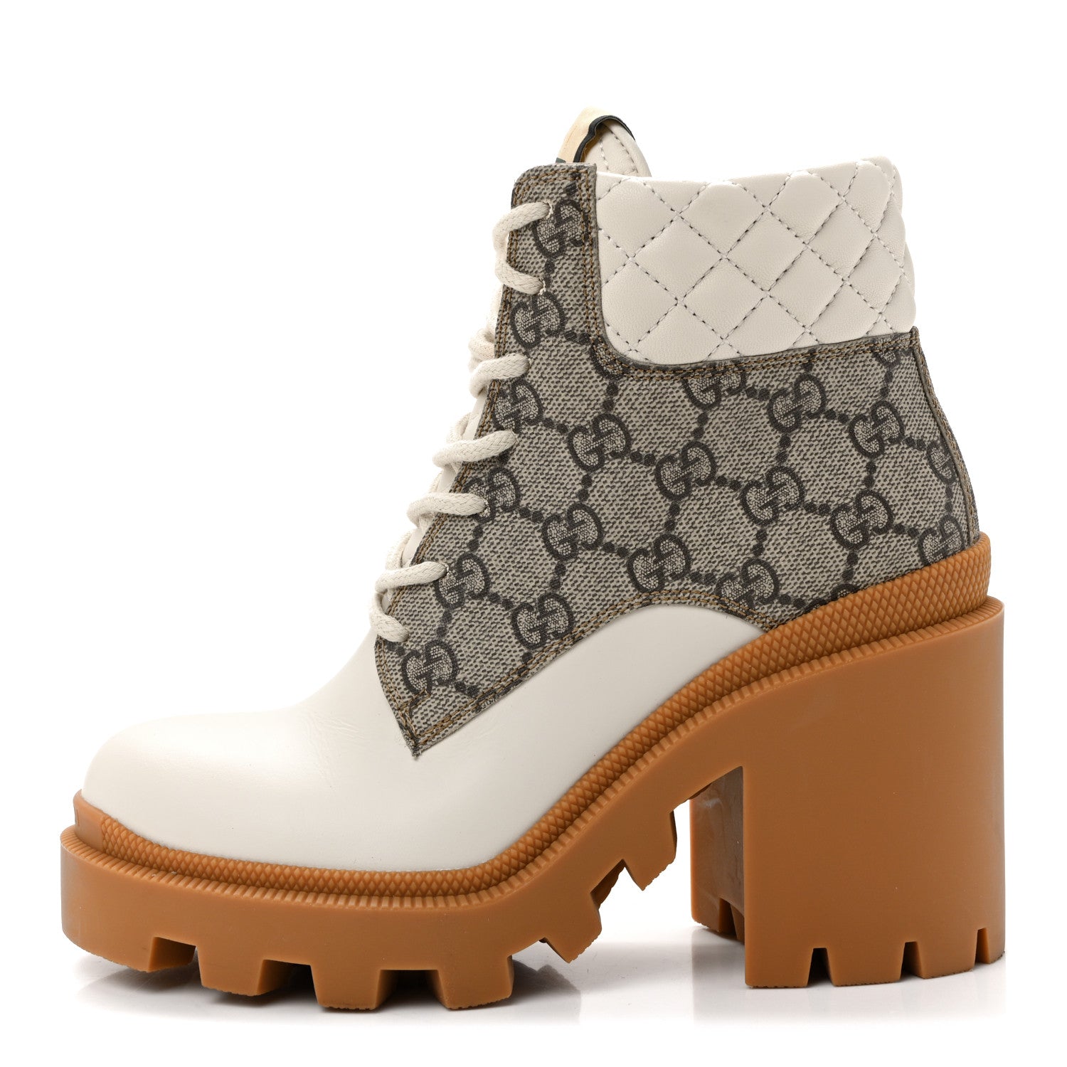 Gucci Calfskin GG Supreme Monogram Nappa Quilted Lace Up Ankle Boots 35.5 Mystic White Beige 1 of 18