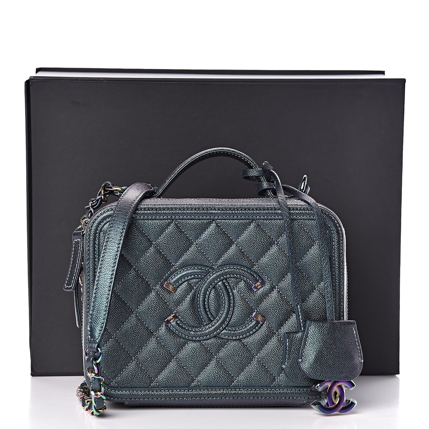 Iridescent Caviar Quilted Medium CC Filigree Vanity Case Dark Turquoise