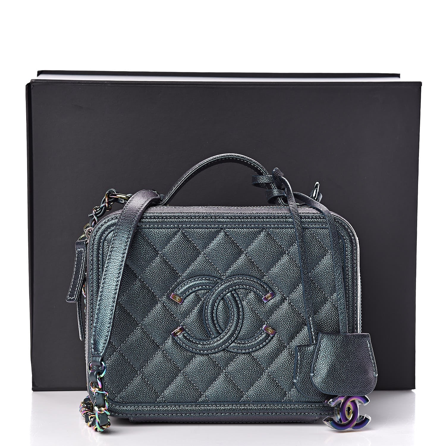Chanel Iridescent Caviar Quilted Medium CC Filigree Vanity Case Dark Turquoise 11 of 11