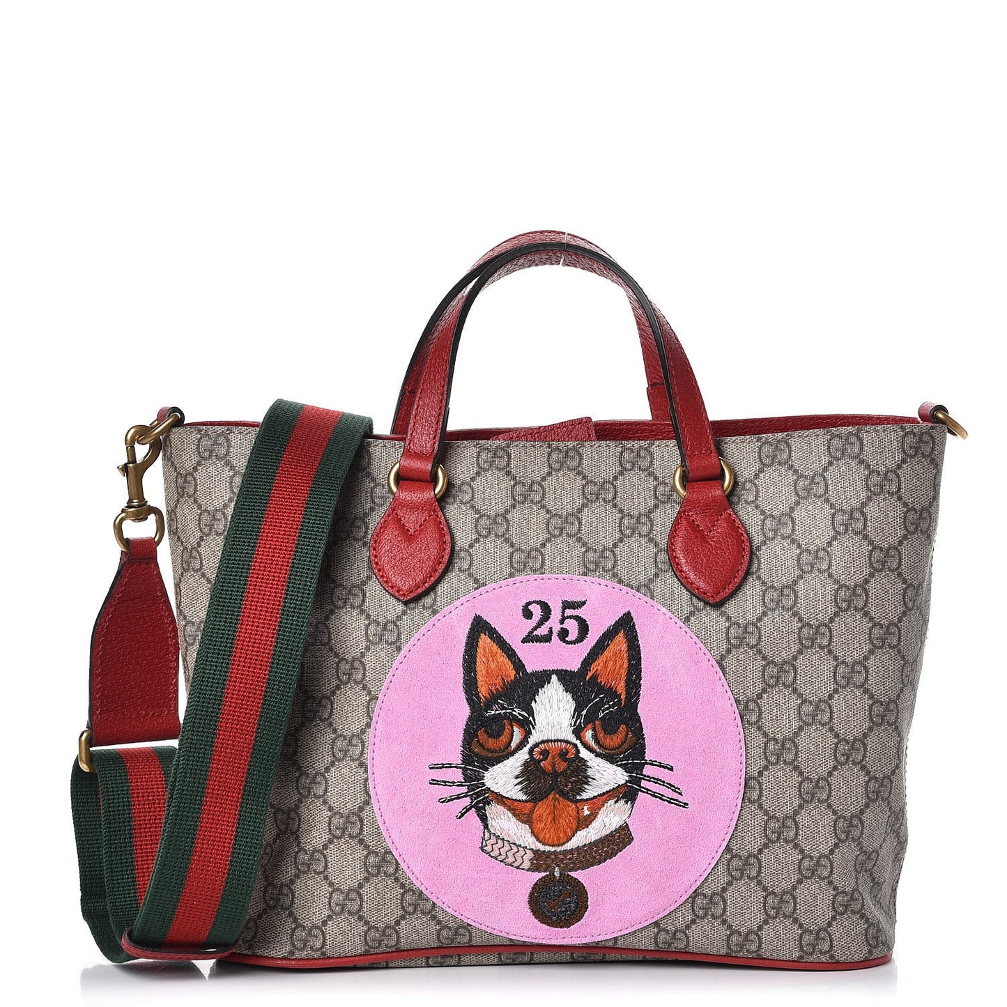 Soft GG Supreme Monogram Web Bosco Patch Small Crossbody Tote Beige Malva Hibiscus Red