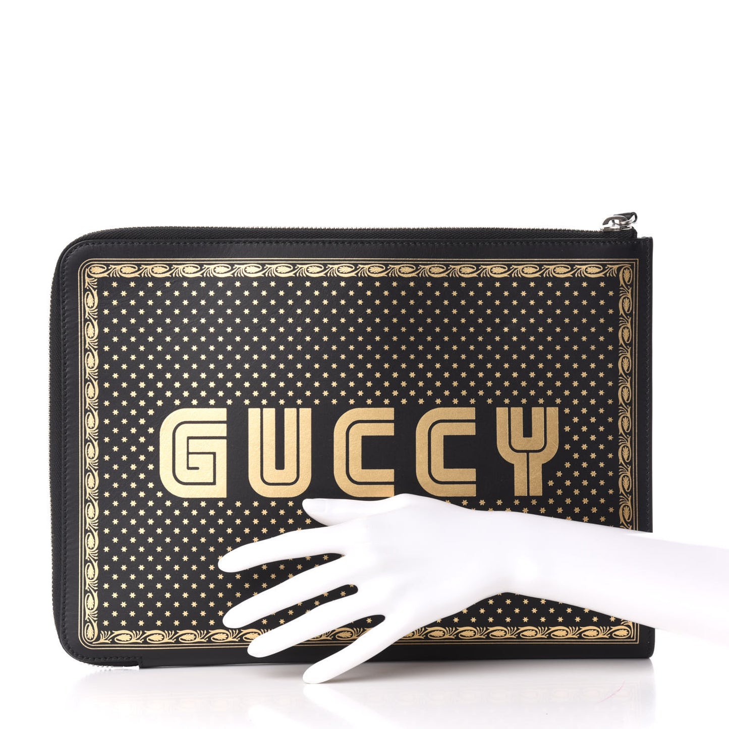 X SEGA Calfskin GUCCY Stars Zip Clutch Bag Black Gold