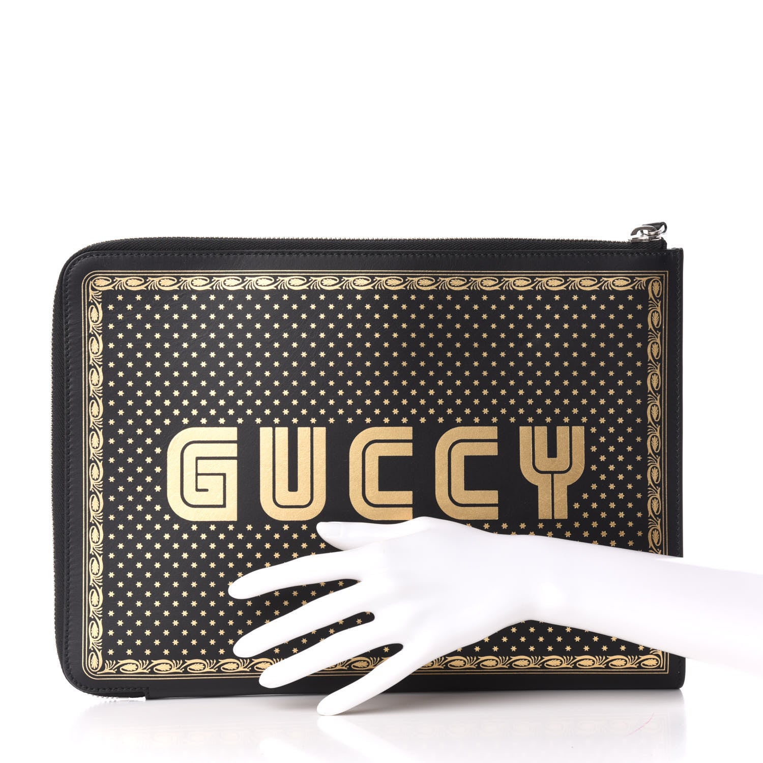 Gucci X SEGA Calfskin GUCCY Stars Zip Clutch Bag Black Gold 2 of 8