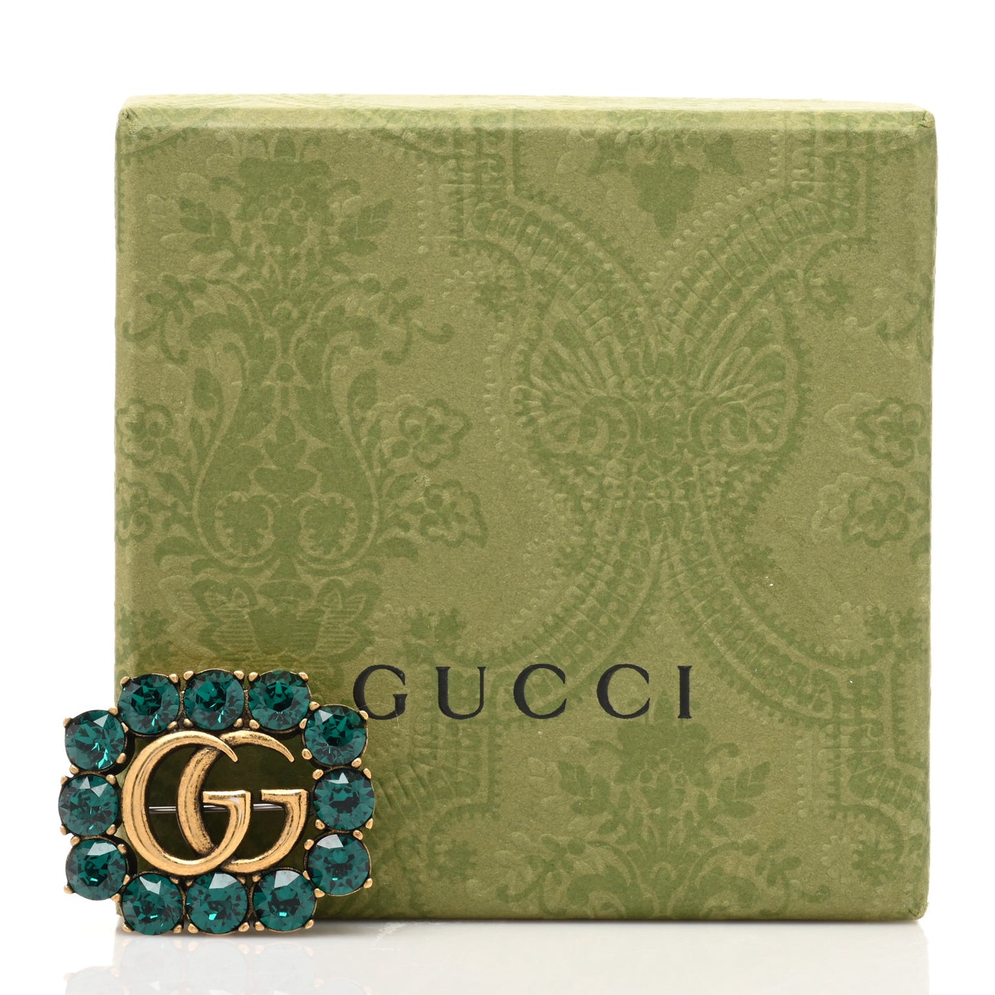 Metal Crystal Double G Brooch Aged Gold Green
