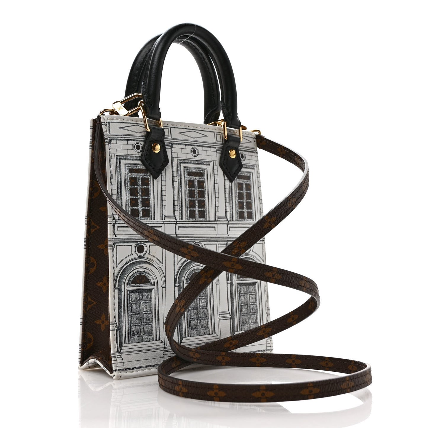X FORNASETTI Calfskin Architettura Petit Sac Plat Black White