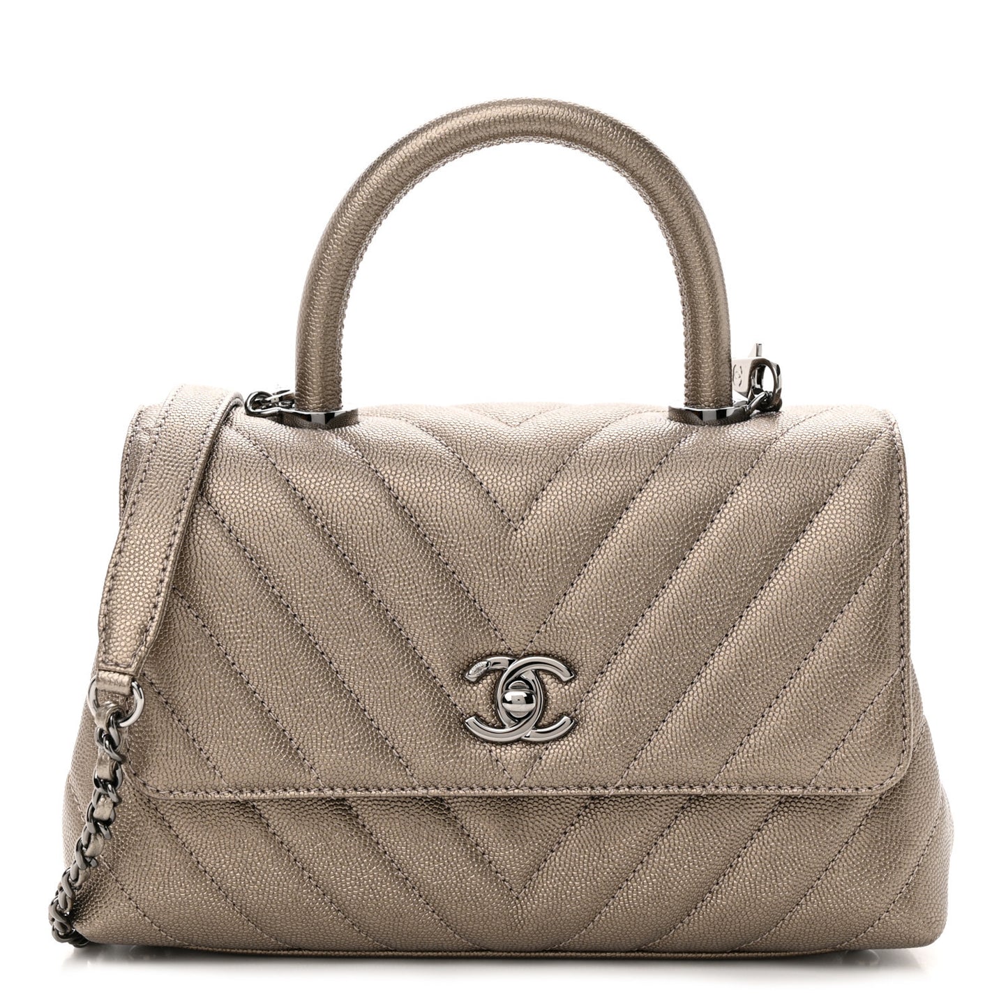 Metallic Caviar Chevron Quilted Mini Coco Handle Flap Light Gold