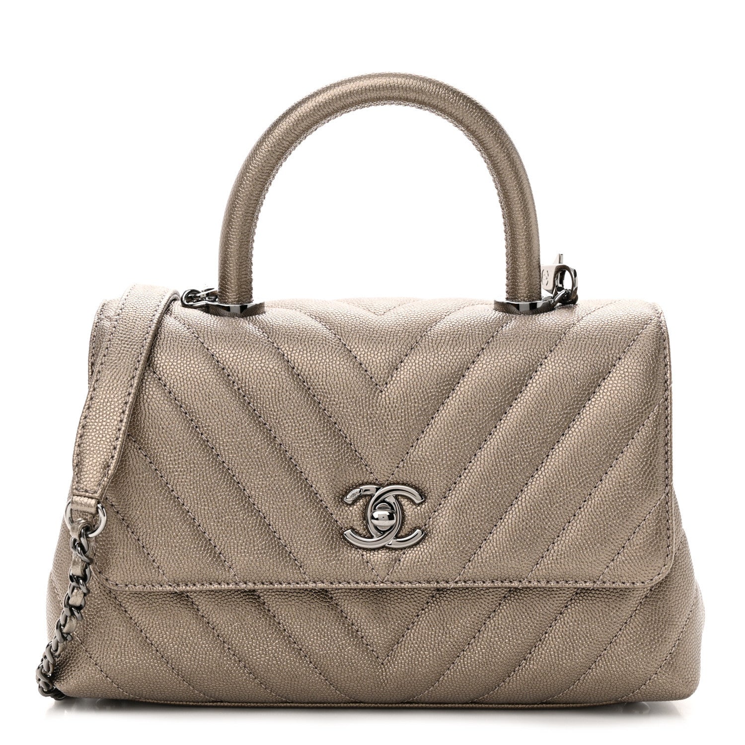 Chanel Metallic Caviar Chevron Quilted Mini Coco Handle Flap Light Gold 1 of 13