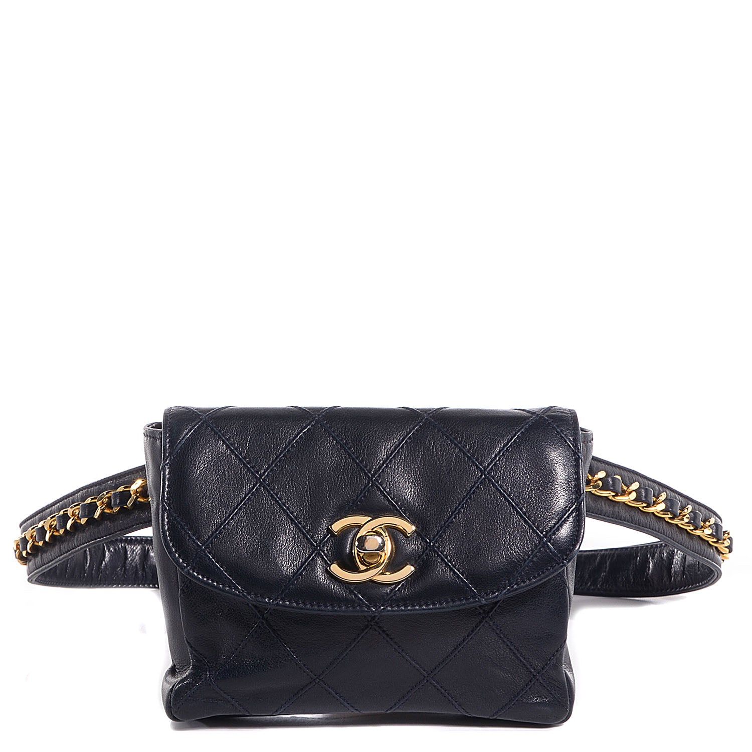 Chanel Lambskin Diamond Stitched Flap Waist Chain Belt Bag Navy 1 of 8