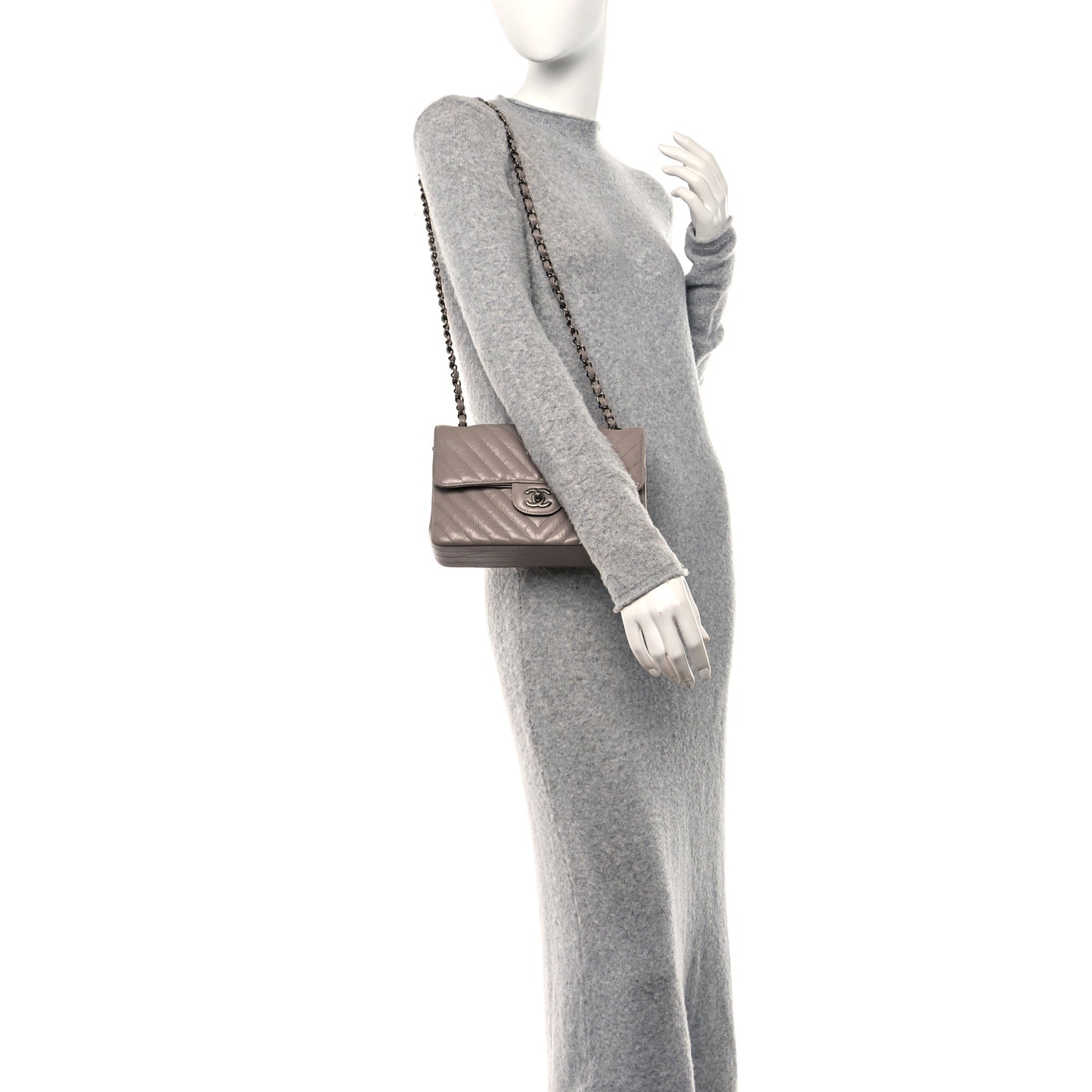 Crumpled Calfskin Chevron Quilted Small Double Flap Grey