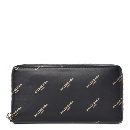 Balenciaga Calfskin Allover Logo Bazar Continental Zip Around Wallet Black Gold 1 of 8