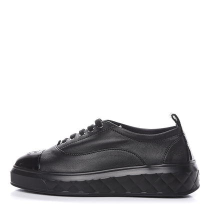 Chanel Lambskin Patent Cap Toe Lace Up Sneakers 38.5 Black 1 of 8