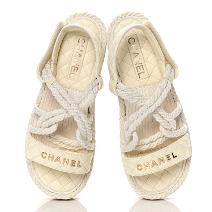 Chanel Cord Lambskin Quilted Logo Sandals 38 Ivory 5 of 11