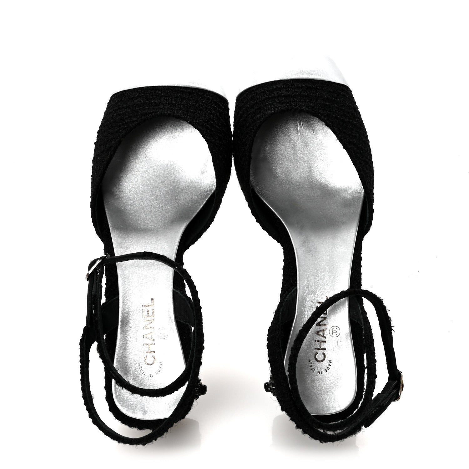 Chanel Tweed Iridescent Calfskin Cap Toe CC Slingback Pumps 37 Black Silver 2 of 10
