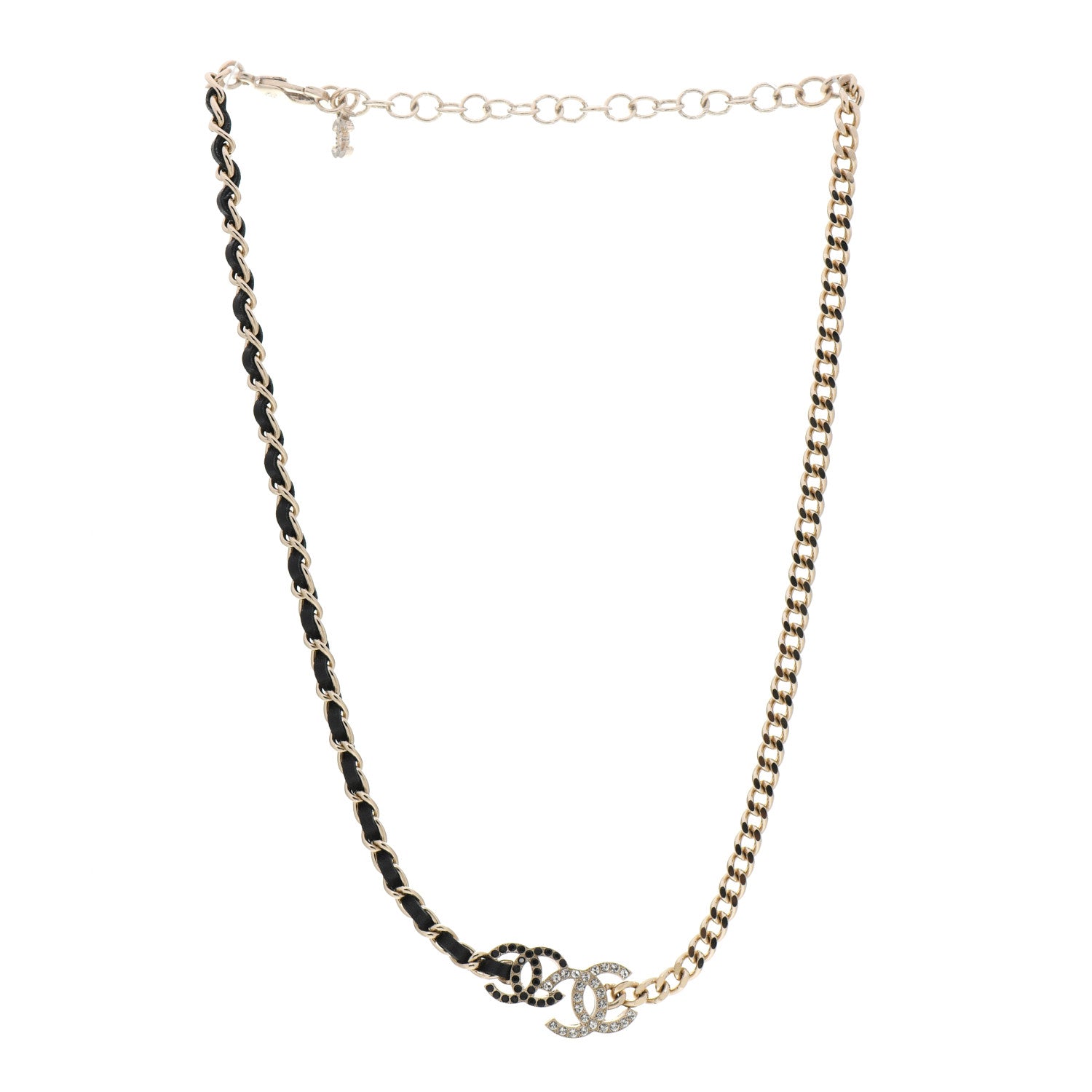 Chanel Metal Calfskin Crystal Double CC Short Necklace Black Gold 3 of 5