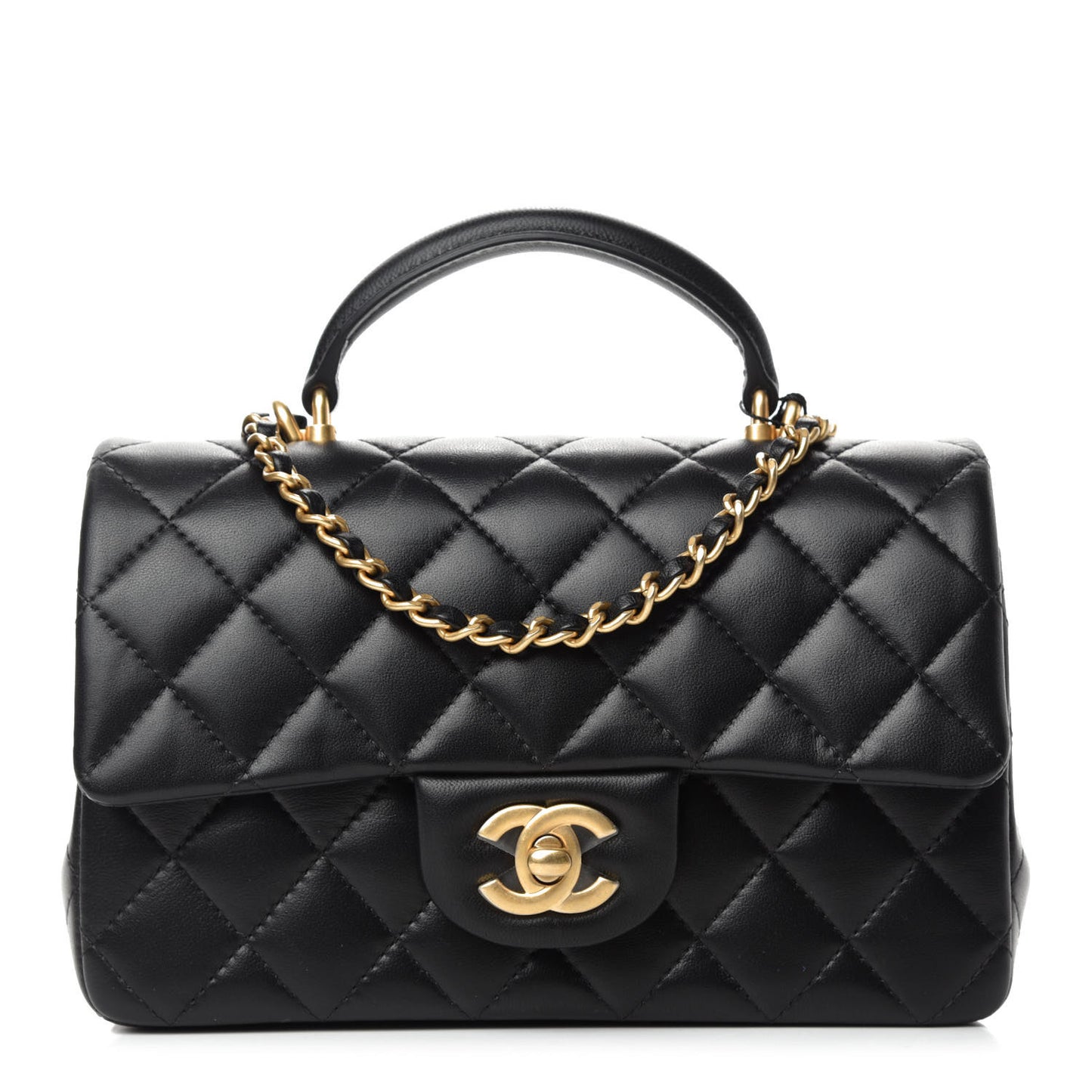 Lambskin Quilted Mini Top Handle Rectangular Flap Black