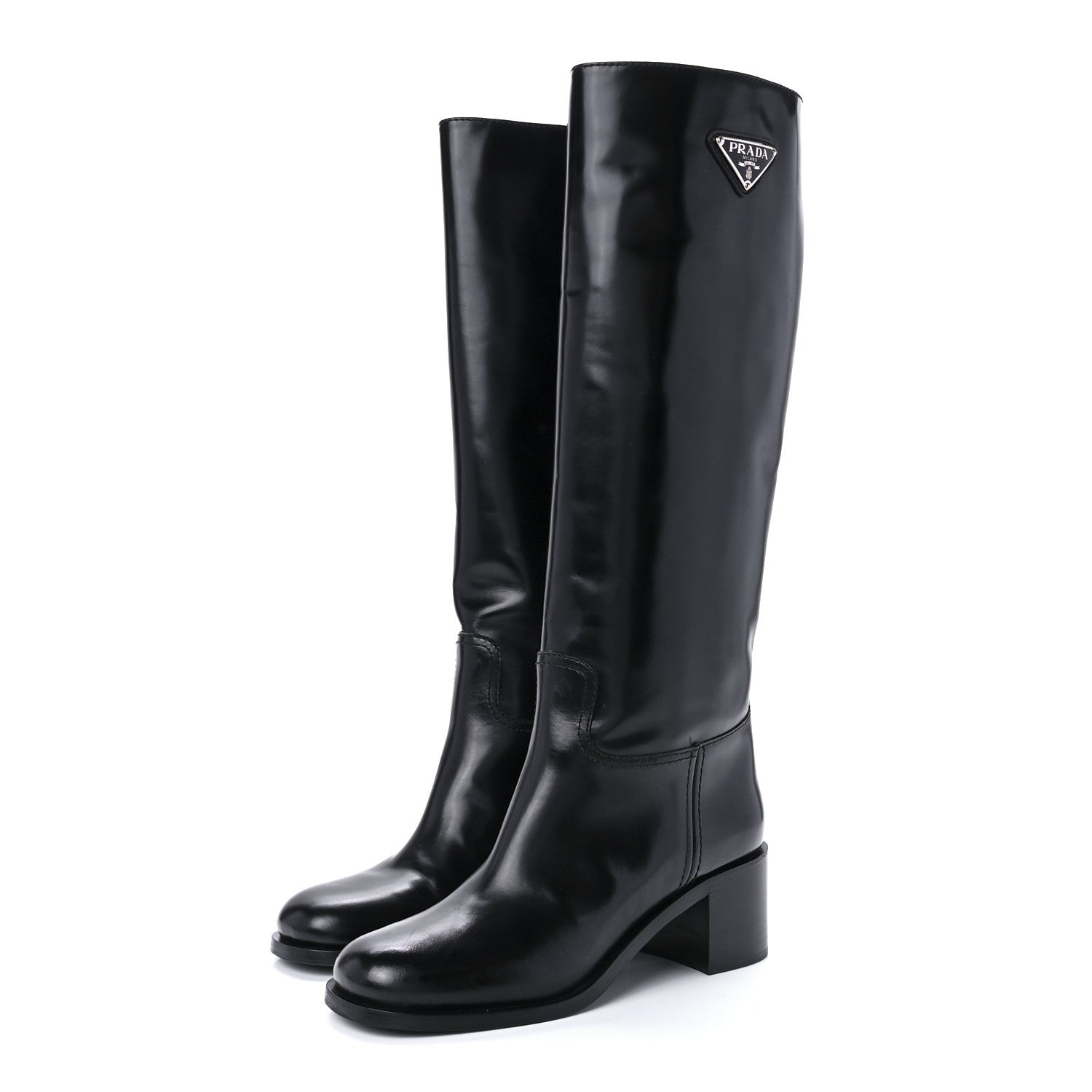 Prada Brushed Calfskin Metal Triangle Logo Riding Boots 39 Black 3 of 8