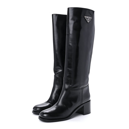 Prada Brushed Calfskin Metal Triangle Logo Riding Boots 39 Black 3 of 8