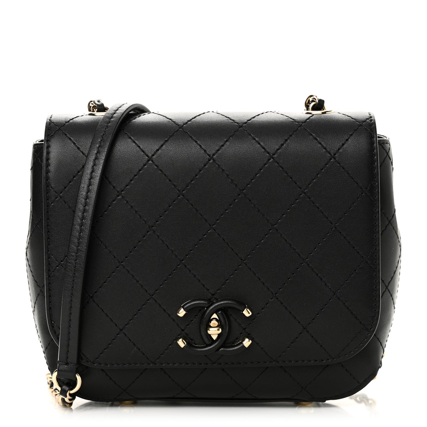 Calfskin Stitched Small Covered CC Flap Bag Black