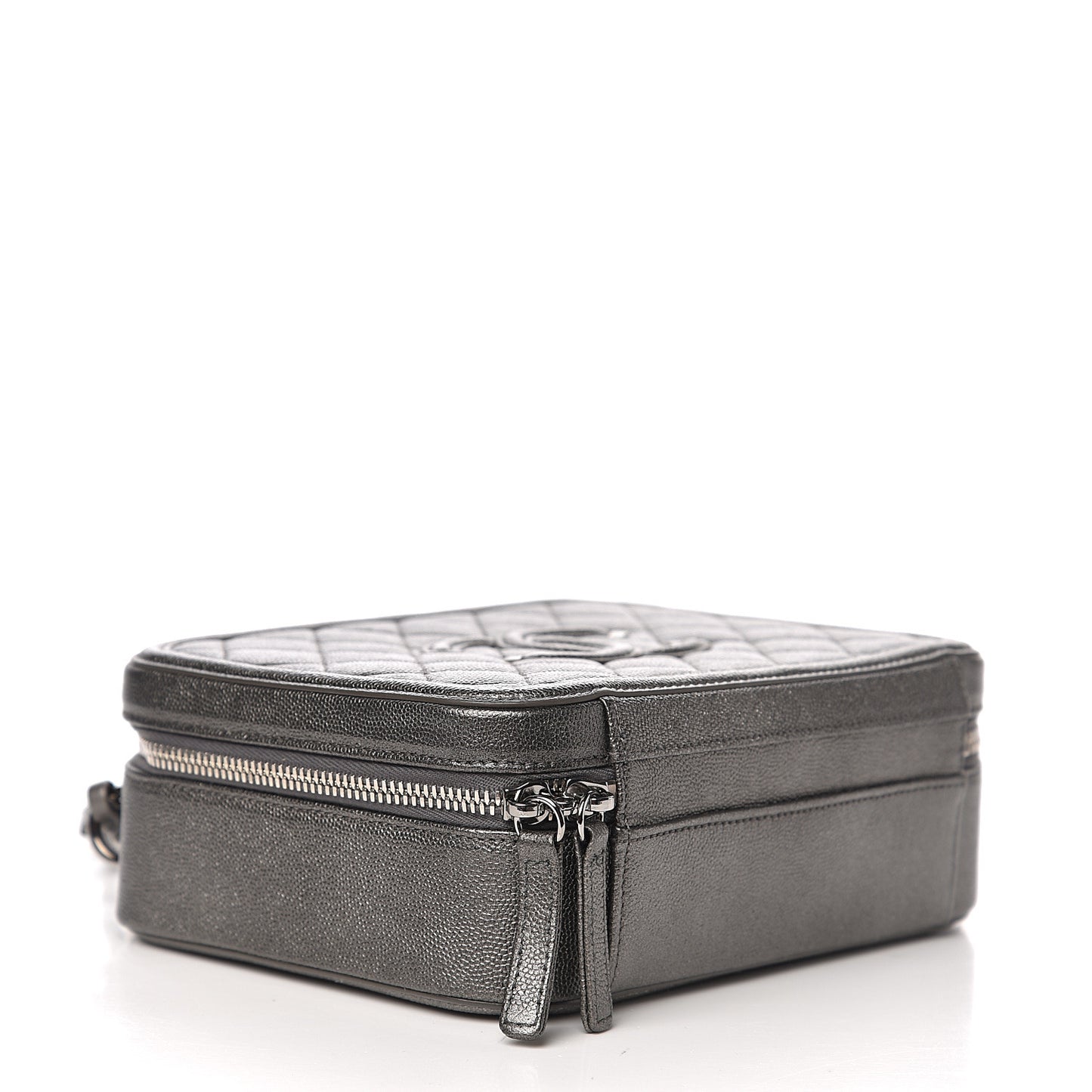 Metallic Caviar Quilted Medium CC Filigree Vanity Case Dark Silver