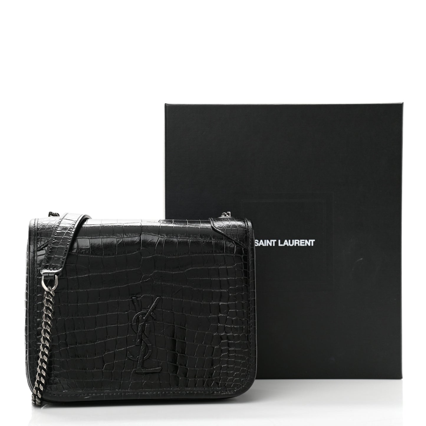 Crocodile Embossed Lambskin Matelasse Monogram Niki Chain Wallet Black