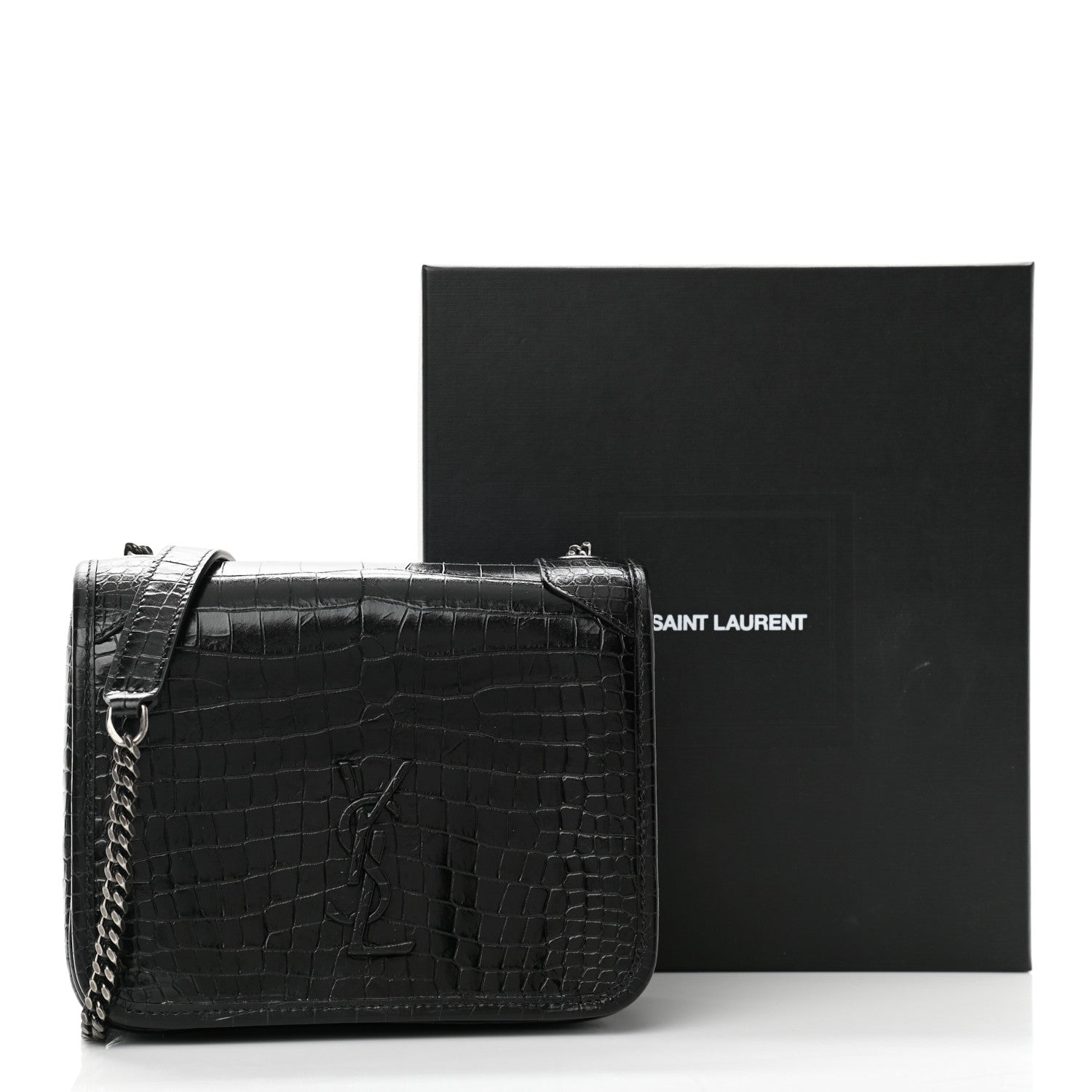 Saint Laurent Crocodile Embossed Lambskin Matelasse Monogram Niki Chain Wallet Black 11 of 11