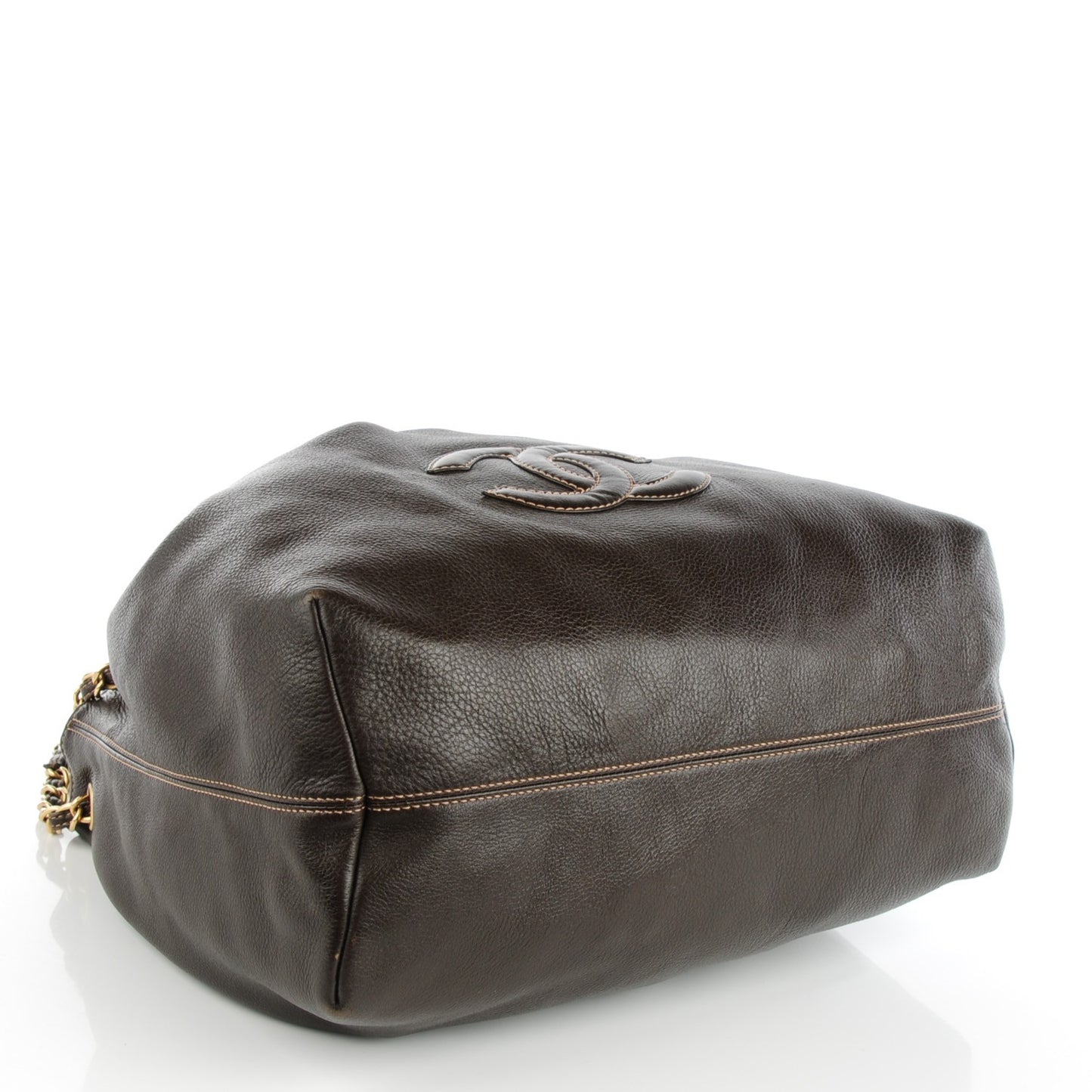 Calfskin CC Drawstring Bucket Bag Dark Brown
