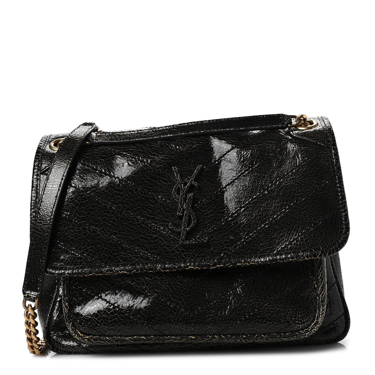 Crinkled Calfskin Matelasse Monogram Medium Niki Chain Satchel Black Ocra